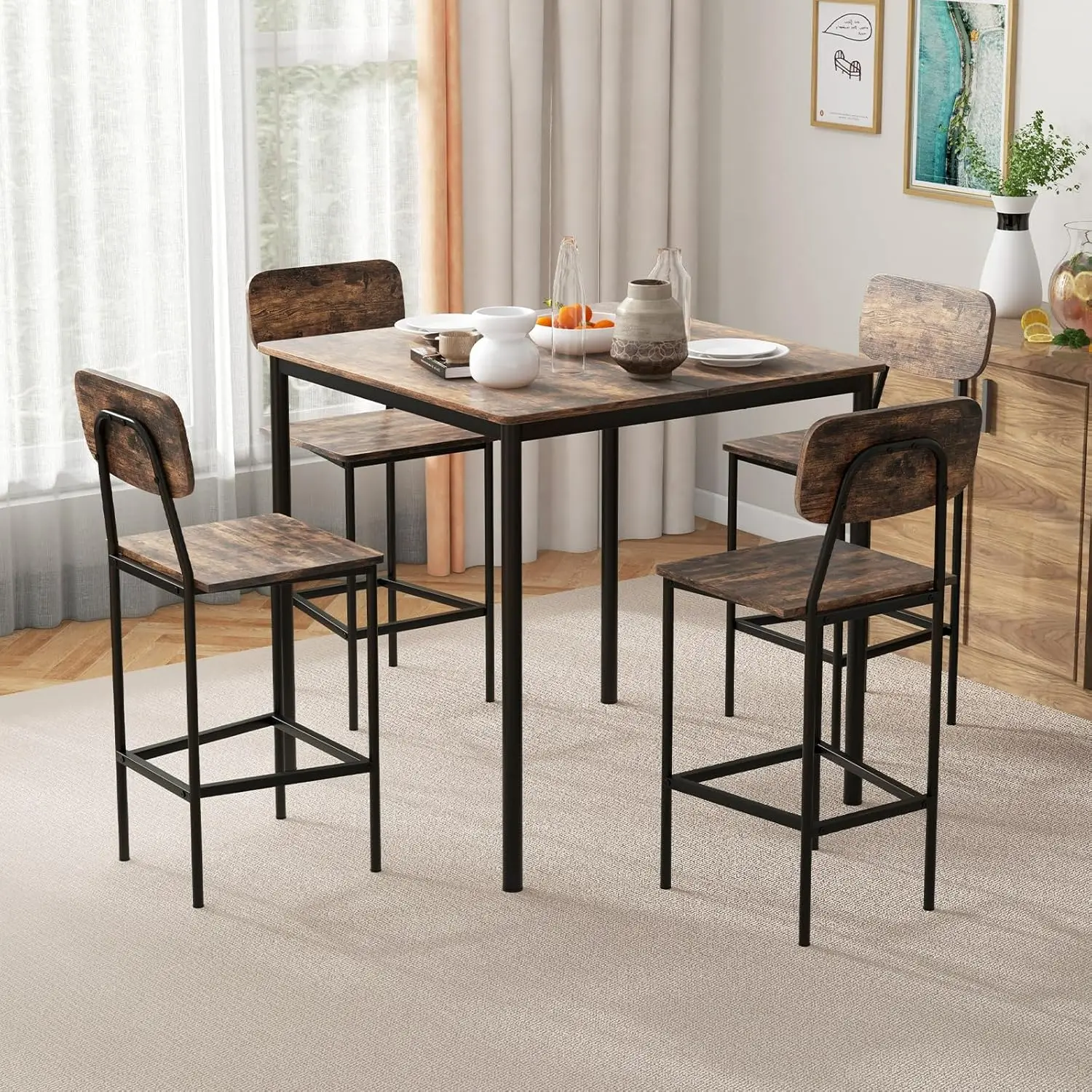 Giantex 5-Piece Dining Table Set W/Counter Height Table & 4 Bar Stools, Industrial Kitchen Dining Set W/Footrest & Backrest