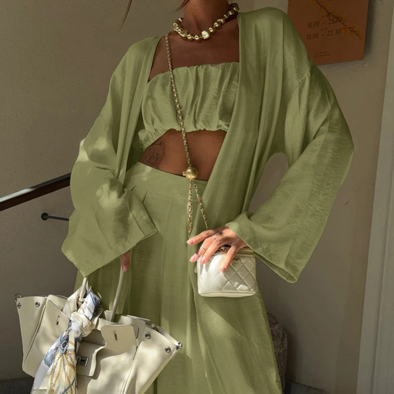 

Sexy Strapless Top and Pants Women's Three Piece Set Fashion Holiday Loose Fit Suits New 2026 Casual Long Sleeved Shawl Outfit