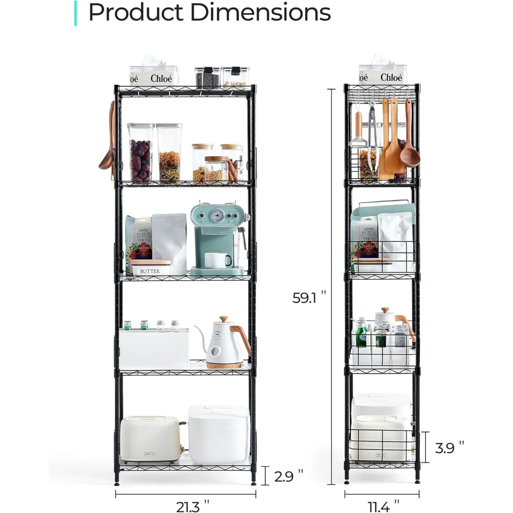 LINSY HOME Upgrade 5-Tier Storage Shelves, Height Adjustable Pantry Shelves with 5 Hooks & Shelf Liners, Metal Shelves