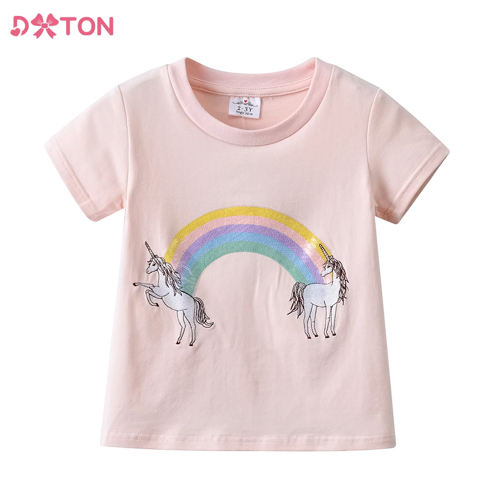 DXTON Summer Kids Girls Tops Short Sleeve Cotton Toddler Baby Girls T-shirts Unicorn Print Rainbow Sequin Children Summer Tees