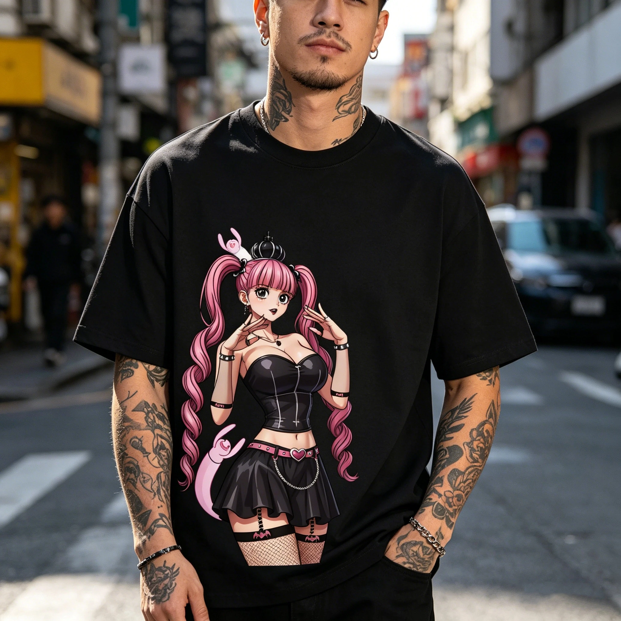 Anime One Piece Perona Hollow Ghost Goth Style Vertical Portrait Print T-shirt Unisex Retro Manga Oversized Cotton Short Sleeve