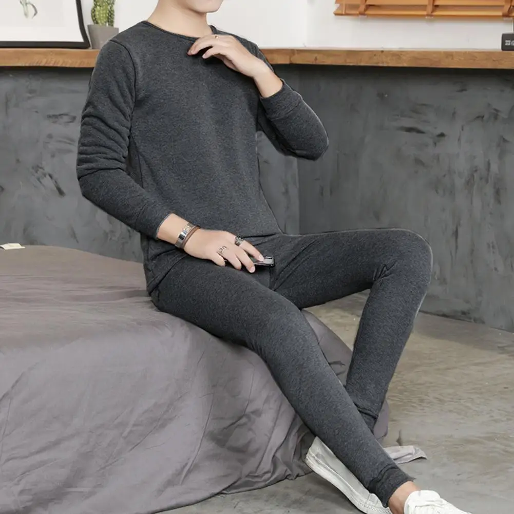 2 Pcs/Set Winter Men Thermal Underwear Set Round Neck Long Sleeve Warm Thick Plush Plus Size Slim Pajamas Set Homewear Clothing