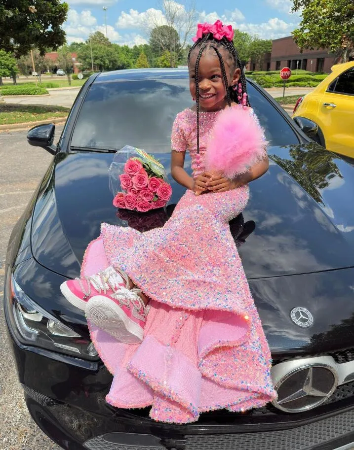 

Pink Velvet Beaded Sequins Flower Girl Dress Sparkly Babies Sneaker Ball Prom Black Girl Graduation Birthday Gown