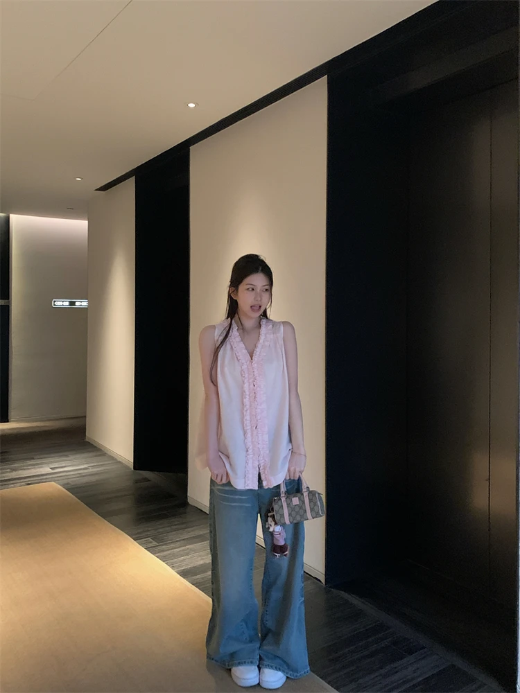 

Летний дышащий топ свободного кроя из смесового хлопка и льна с кружевной отделкой и застежкой на одну пуговицу для женщин