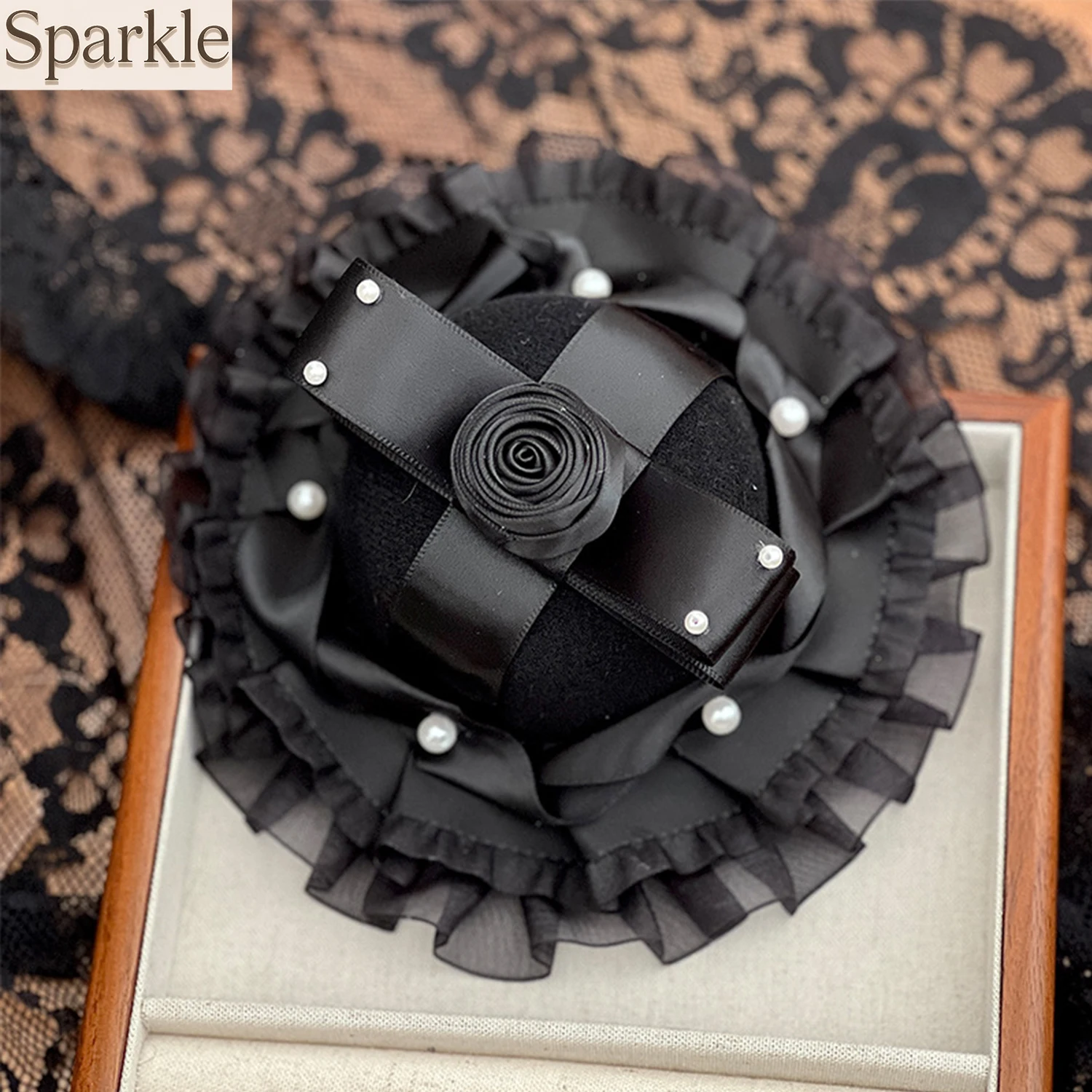 

Gothic Black Lolita Mini Top Hat with Lace Ruffle And Rose Bow Decor Elegant Hair Accessory for Women