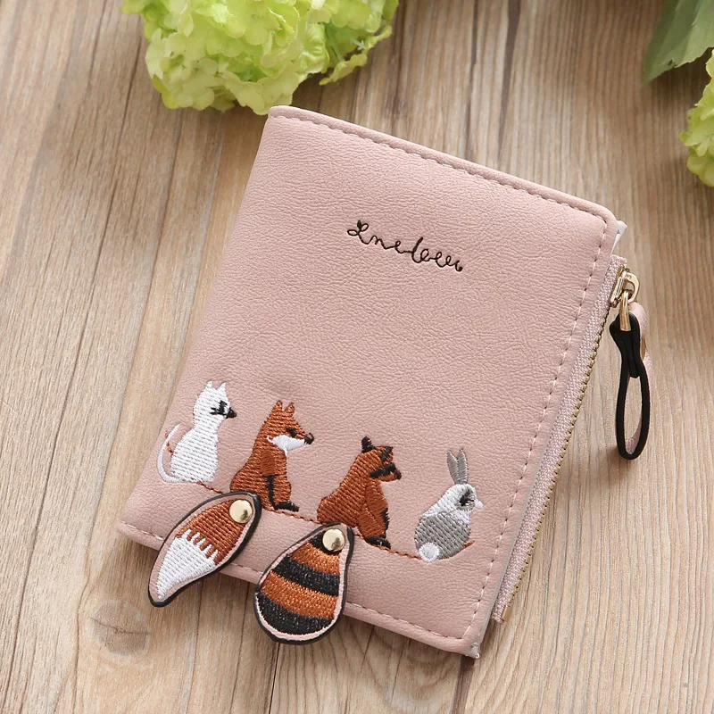 

Cute Fox Rabbit Embroidered Purse for women 2 Folding Wallet Girls Small Hasp Coin Pocket Purse Female Designer Short Wallets
