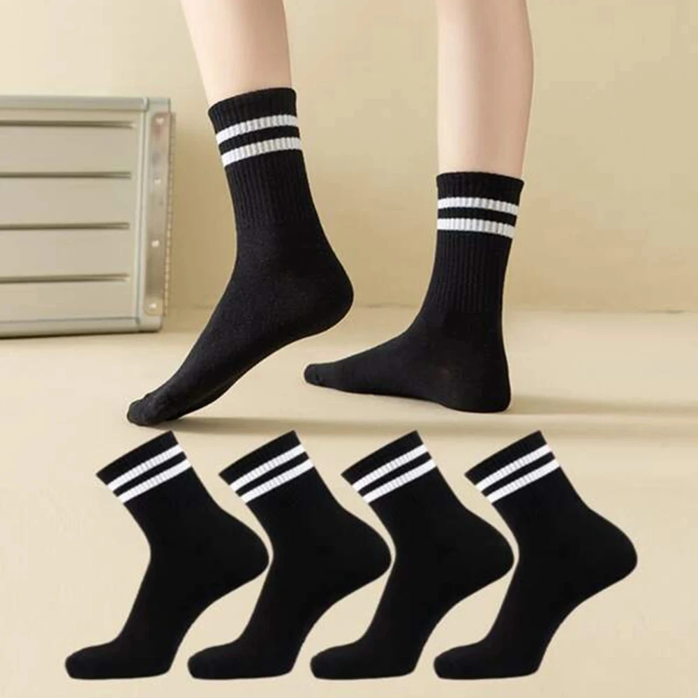 4 Pairs Versatile Women\'s Socks Simplicity Parallel Bar Pattern Fashion Breathable Autumn High Quality Women\'s Mid Length Socks