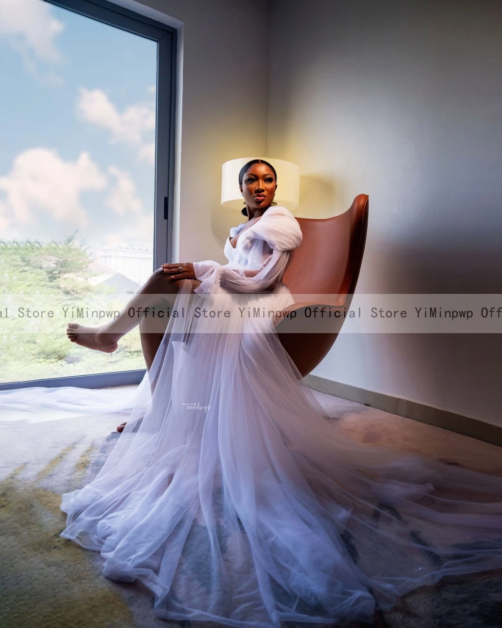 White Tulle Bride Robes for Wedding Africa Bridal Shower Dresses Off Shoulder Long Sleeve Side Split Pleats Tulle Customized