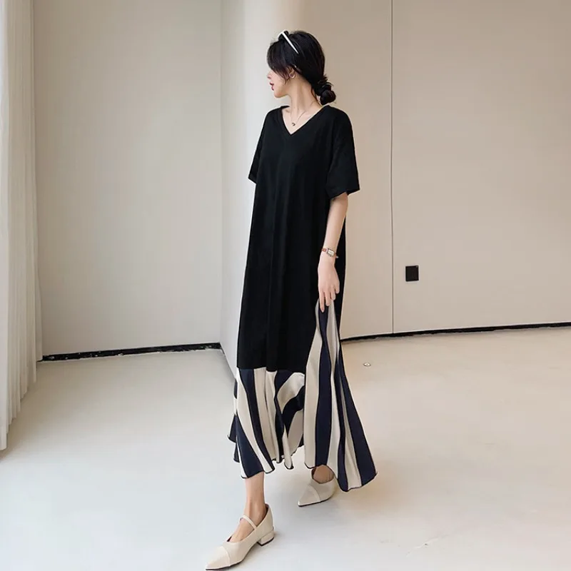 캐주얼 세련된 스트라이프 패치 워크 실크 벨벳 새틴 스트라이프 v 넥 반팔 드레스 여름 여성 드레스 가짜 2 피스 맥시 드레스