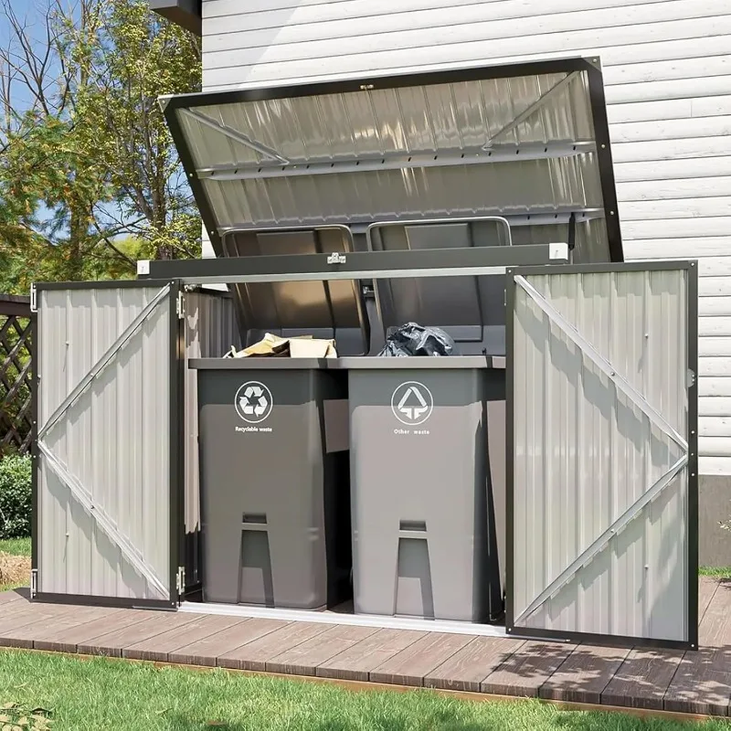 Outdoor Storage Shed Metal Trash Can Organizer with Chain Lid Waterproof for Garbage Bins Toys Garden Tools Black