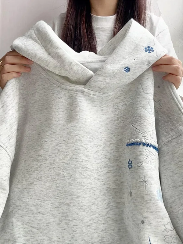 

American Trendy Brand Snowflake Star Embroidery Hoodie Women's Loose Fit Design Outerwear Autumn Winter New Style Simple Design