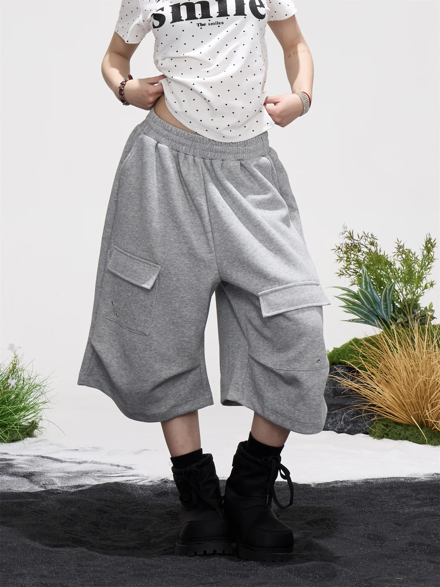 

American Retro Workwear Wide Leg Pants Elastic Waist Straight Cut Grey Seven-Foot Loose Casual Trousers Multi-Pocket Ladies