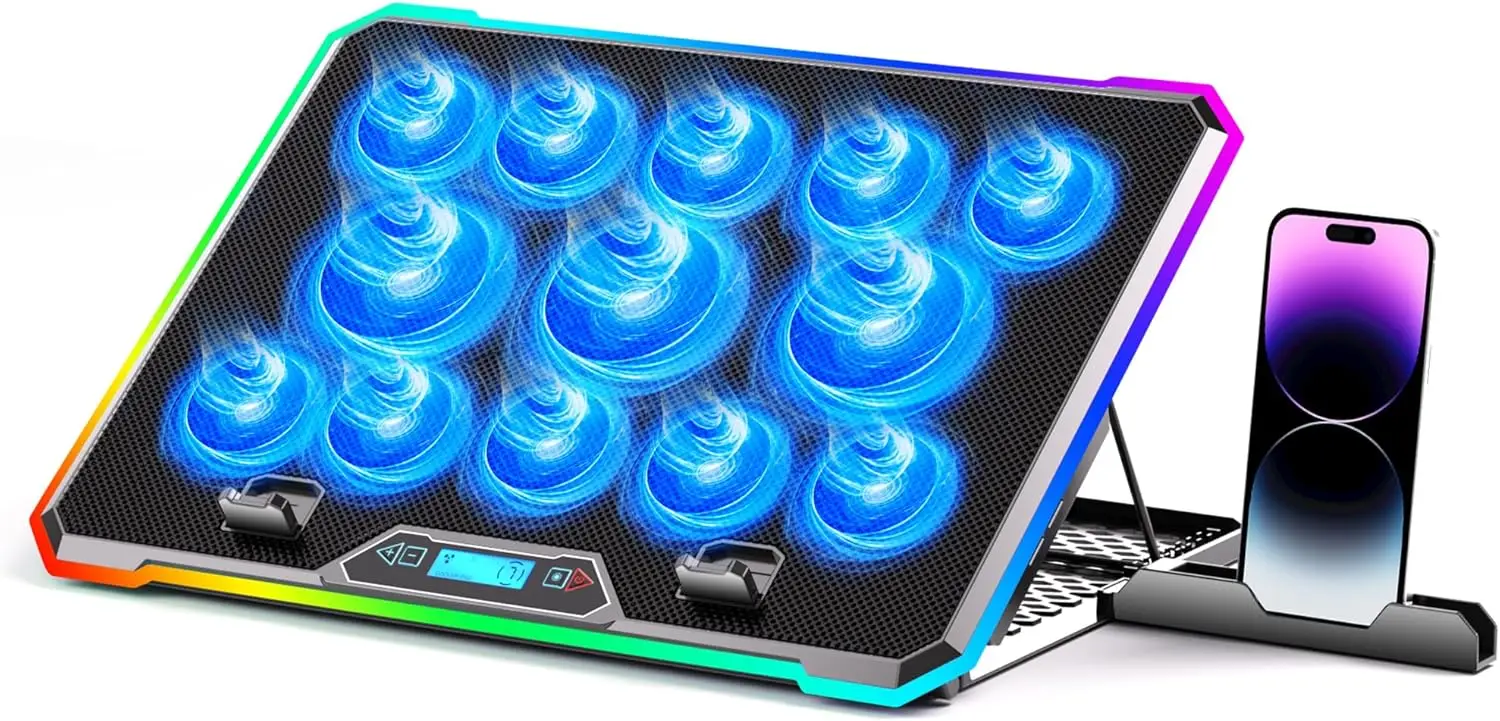 

Gaming Laptop Cooler with 13 Quiet Fans, LCD Screen, RGB Lights, Adjustable Height for 15-21 Inch Laptops