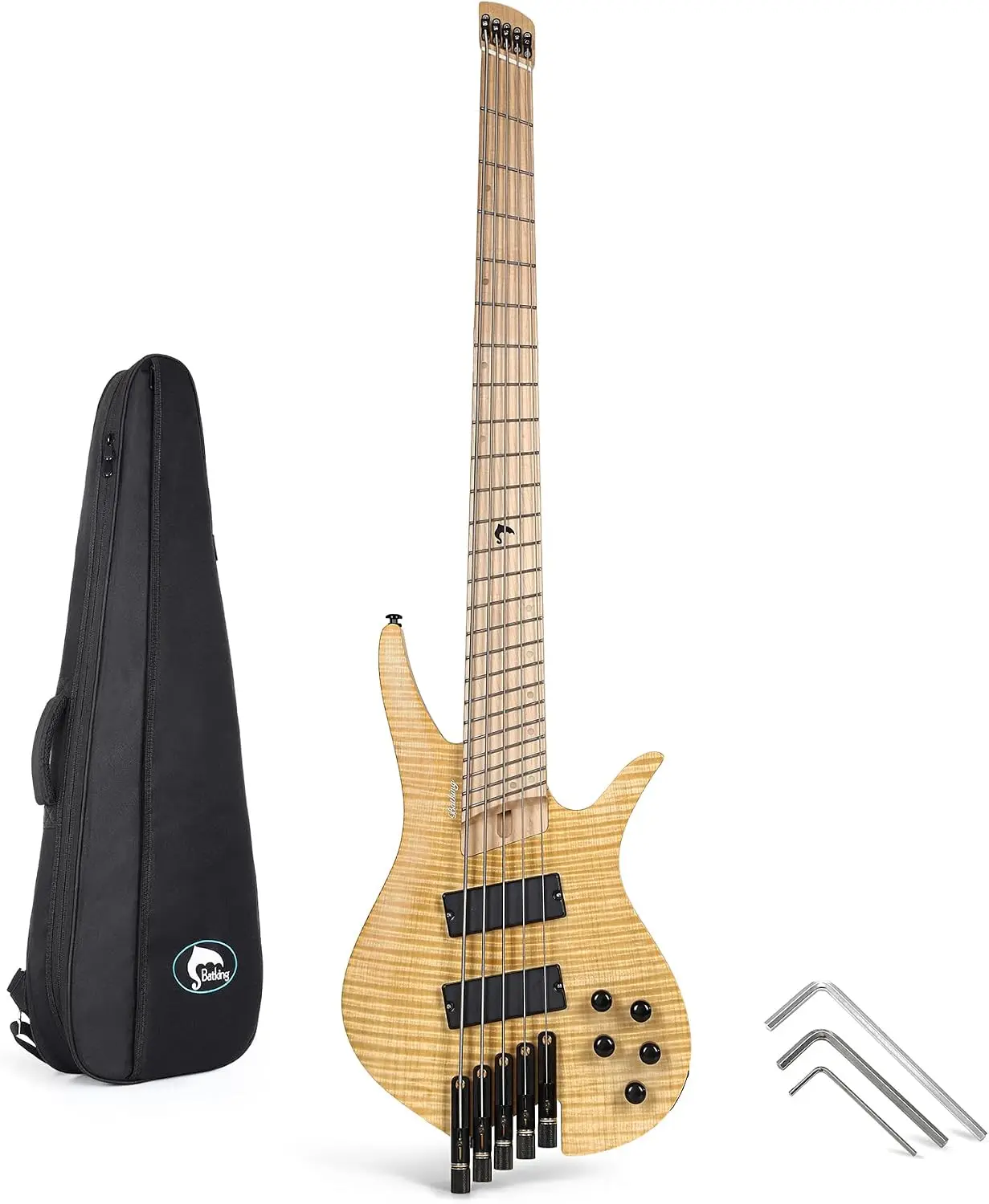 Guitare basse électrique Batking Travel Headless 5 cordes avec pont fixe et housse de transport