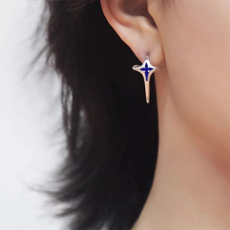 

Punk Style Blue Star Drop Earrings for Men Women, Copper Material Jewelry Accessories, Cool Enamel Ear Studs with Long Tail, Mod