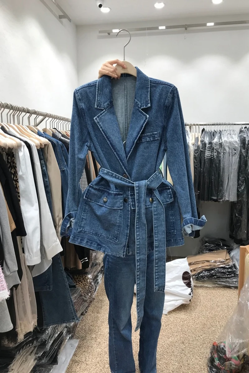 SuperAen Korea 2023 Autumn Winter New Fashion Suit Collar Wide Elastic Long Sleeve Denim Blazer Coat Women