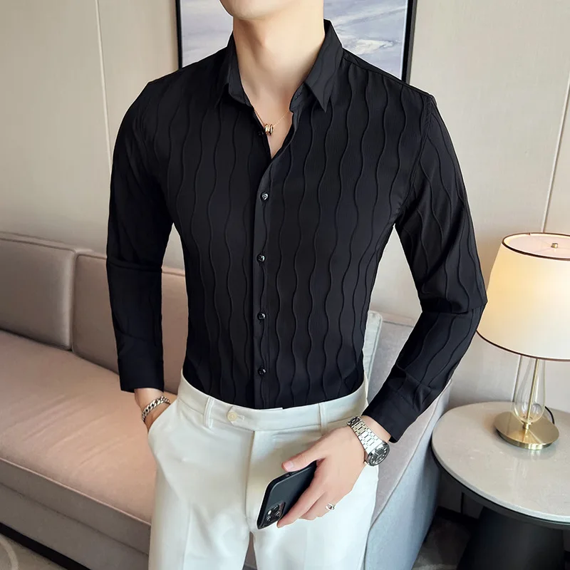 

Autumn Man Brand Quality Vintage Social Black Striped Shirts Luxury Men's Casual Slim Fit Long Sleeve Dress Shirt Chemise Homme