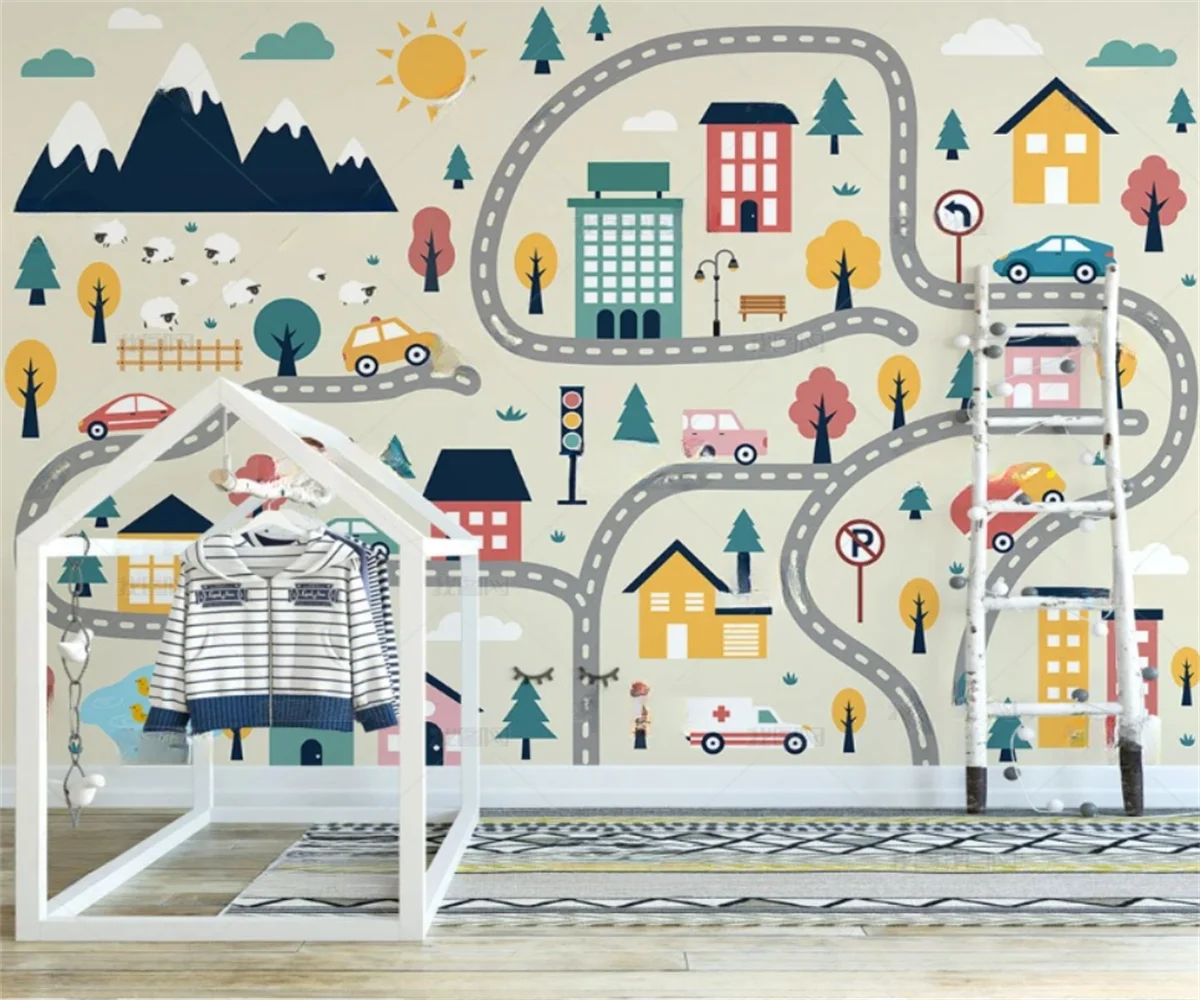 Customized mural Nordic hand-painted house cartoon road car children's room bedroom background wall decoration wallpaper
