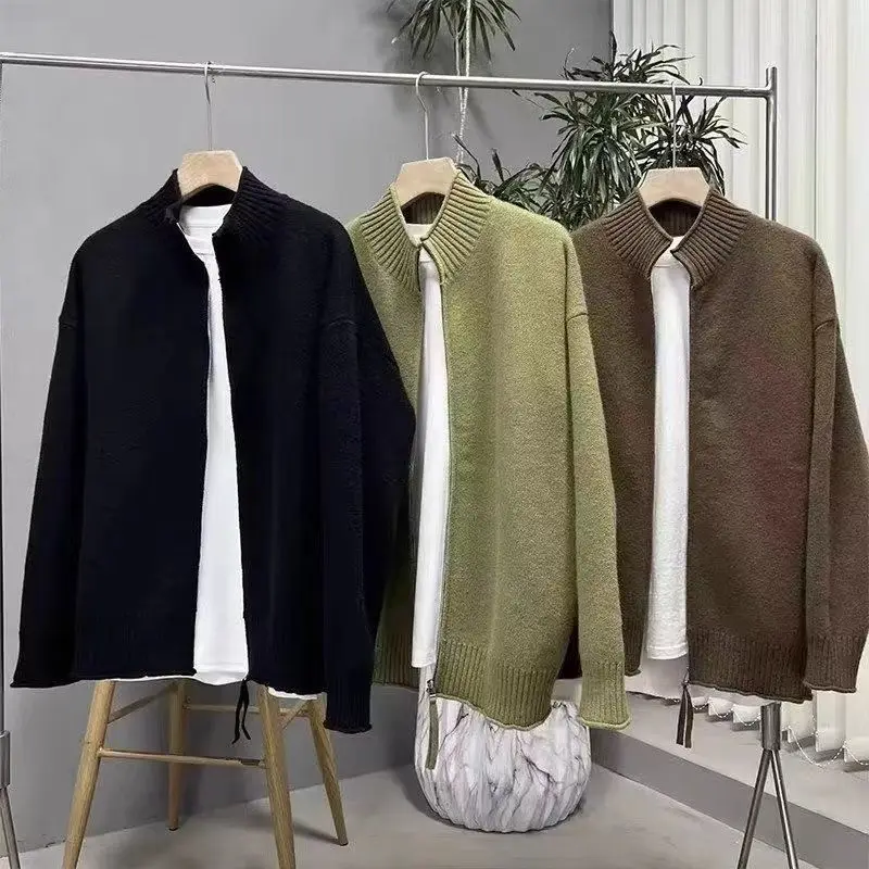 New Casual Vintage Stand Collar Loose Jacket Autumn Winter Letter Print Cardigan Coat with Zipper Men Clothing Harajuku Sweater