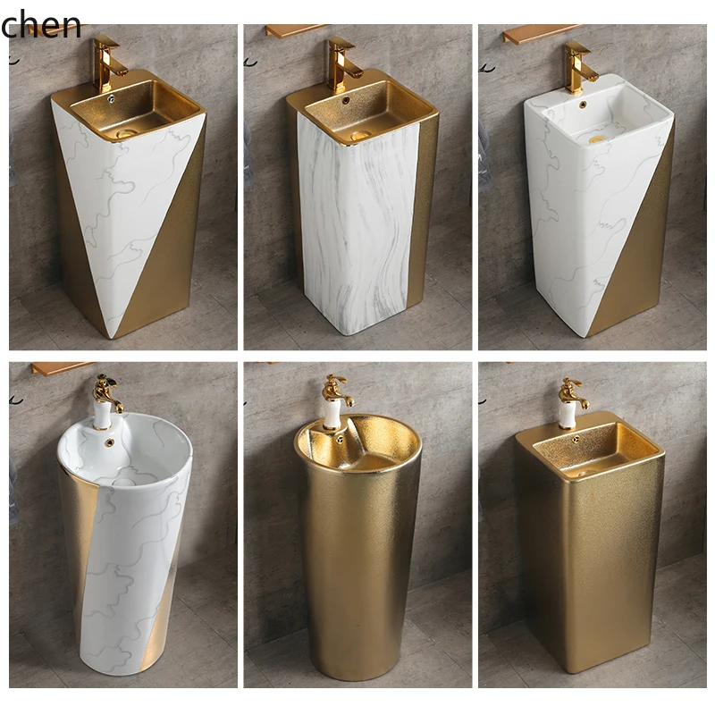 

HTT россыпной умывальник с золотой колонной, позолоченный умывальник от пола до потолка, цельный встроенный керамический умывальник