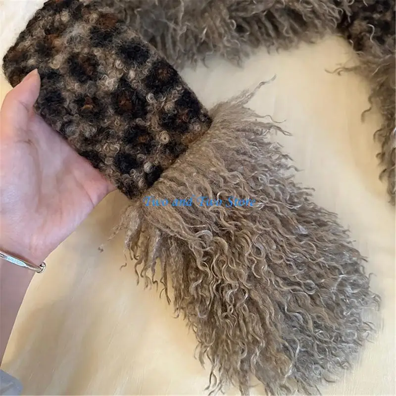 HX6F Sciarpa lavorata a maglia per donna Sciarpa collo con stampa leopardata Sciarpa per ragazze Puntelli per foto Fazzoletto