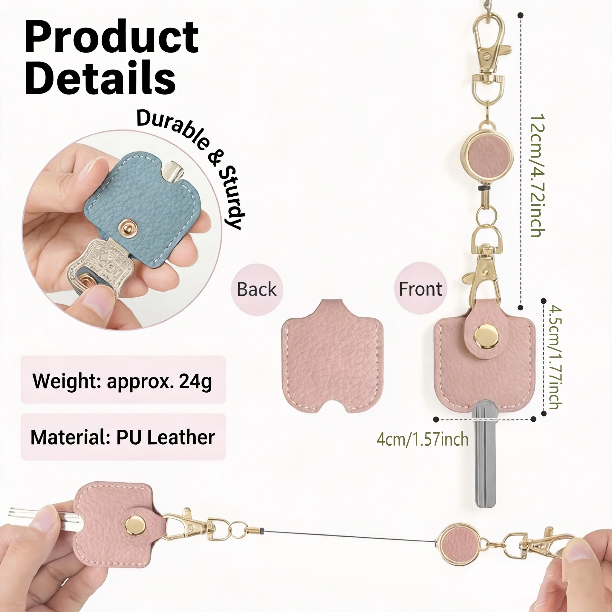 Cute Portable Retractable Keychain for Women 11.81 Inch Elastic Anti Loss Key Ring with Gold Metal Buckle for ID and Car Keys - view 3