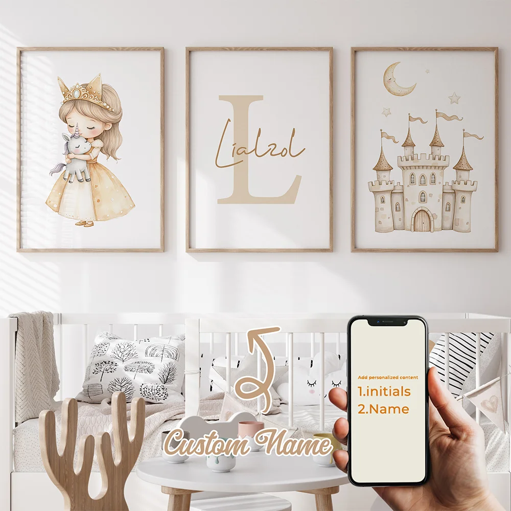 

3pcs Personalized Custom Name Cartoon Castle Wall Art Print Picture Canvas Poster Painting For Living Room Kids Room Home Decor