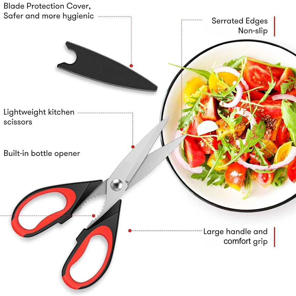 Multi-purpose Heavy Duty Stainless Steel Kitchen Scissors, Dishwasher Safe, Black Red, Black Gray, 2 Pack