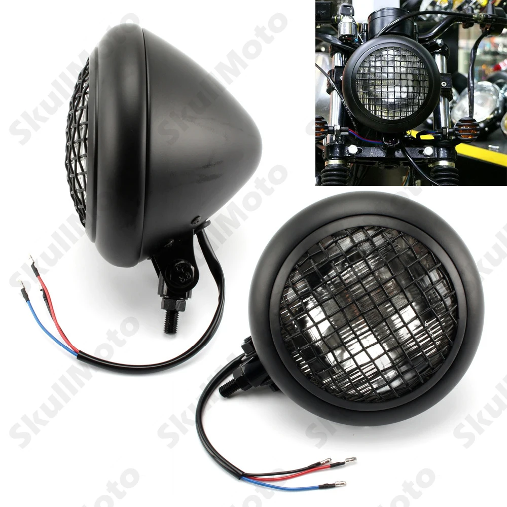 

6 3/4" Motorcycle Headlight 60W Retro Cafe Racer Headlight Grill Cover H4 Bulb Lamp For Harley Honda Bobber Chopper Custom SX650