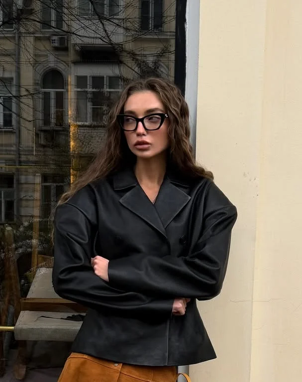 Black Faux Leather Peplum Cropped Blazer Women Wide Lapel Double Breasted Oversize Sleeve Vintage Fall Commuter Outerwear Jacket