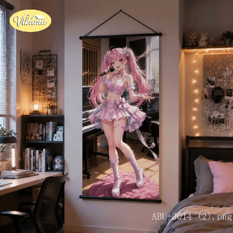 VIKAMA Anime Idol Singer Tapestry Pink Hair Microphone Frilly Outfit Stage Cute Kawaii Art Wall Hanging Bedroom Home Decor
