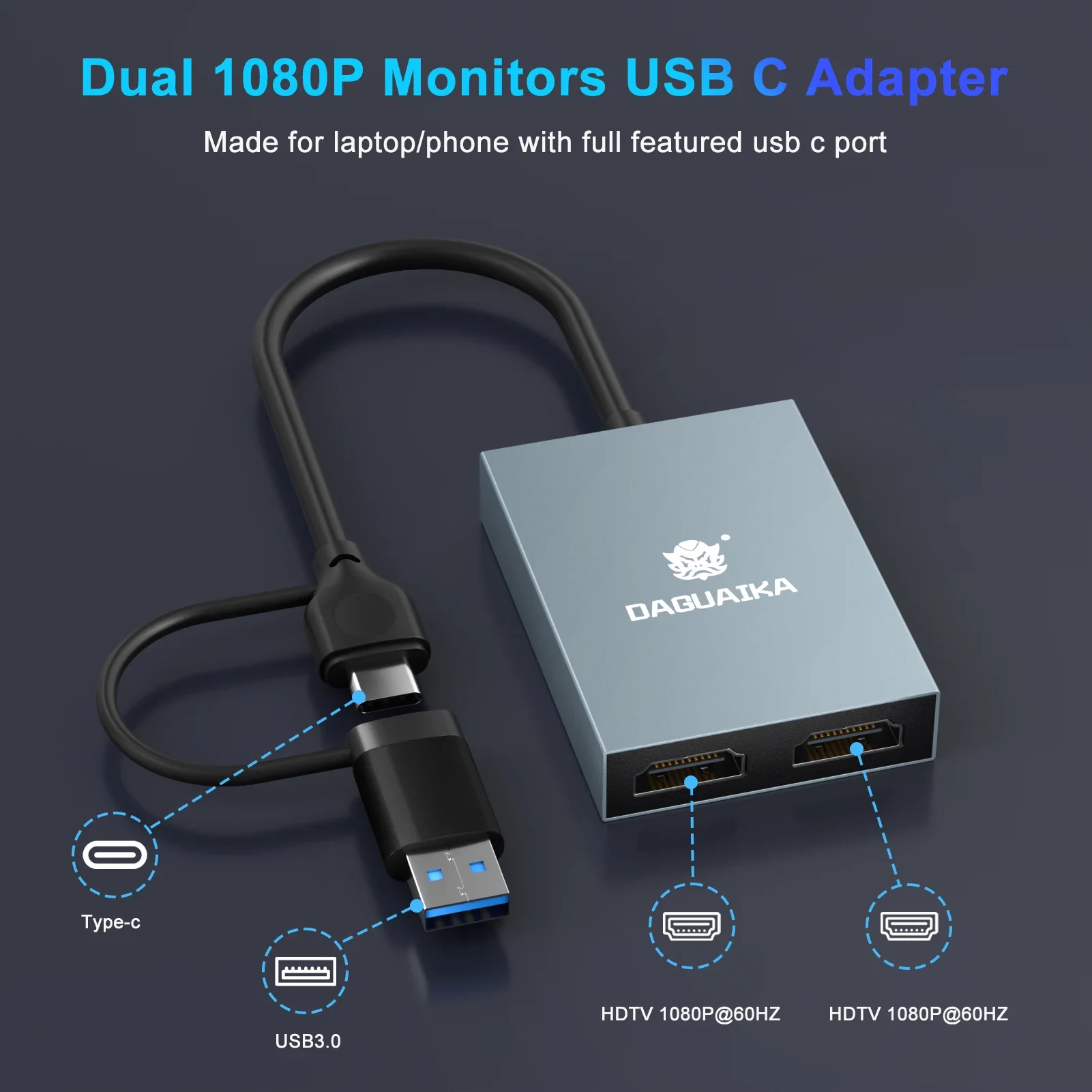 1080P Displaylink Docking Station USB C to HDMI Adapter with 4K Output USB3.0 USB C Adapter for Dual Monitors For Windows Mac