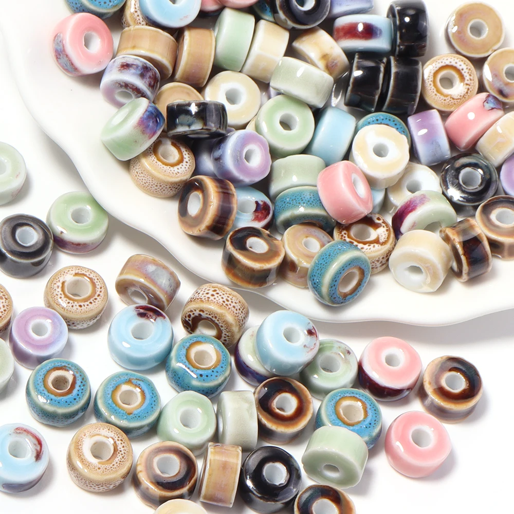 10pcs 6x10mm Vintage Kiln Color Ceramic Beads Flat Round Loose Spacer Beads For Jewelry Making Bracelet Necklace Accessories