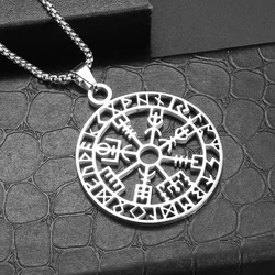 Stainless Steel Vintage Nordic Rune Compass Necklace Men\\'s Fashion Trend Amulet Nordic Jewelry