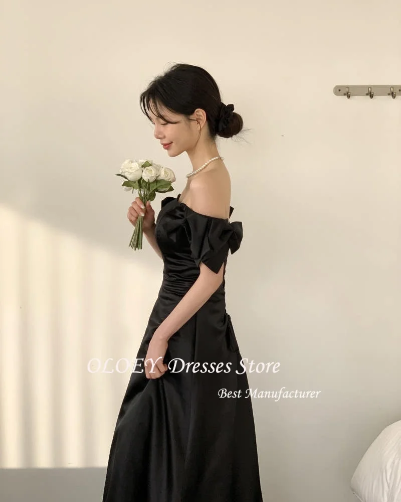 

OLOEY Off Shoulder Korea Evening Dress Custom Made Outdoor Black Satin Wedding Dress Prom Dress A-Line Corset Back Bridal Gown