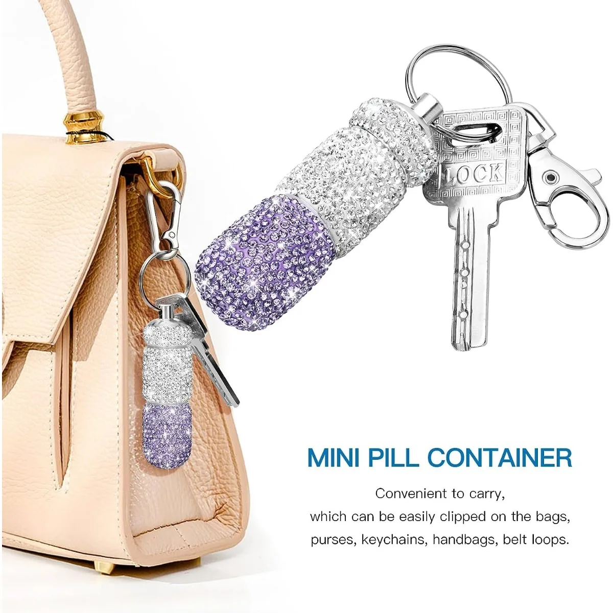 Bling Pill Case Travel Rhinestone Waterproof Fashion Pill Holder with Keychain Luxury Cute Storage Box for Outdoor Camping Case