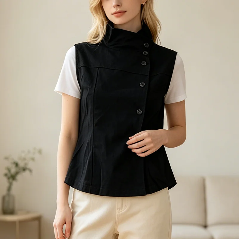 Women's Retro Slim Fit Stand up Collar Sleeveless Vest Fashionable Button Decoration Casual Top