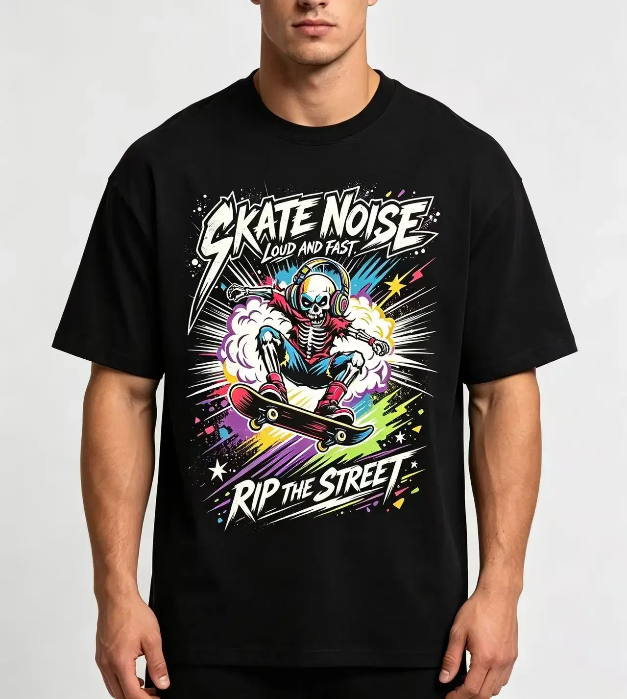 Unisex Skate Noise Skeleton Skateboard Graphic T‑Shirt Men Women Colorful Street Skater Print Casual Short Sleeve Streetwear Tee Tops