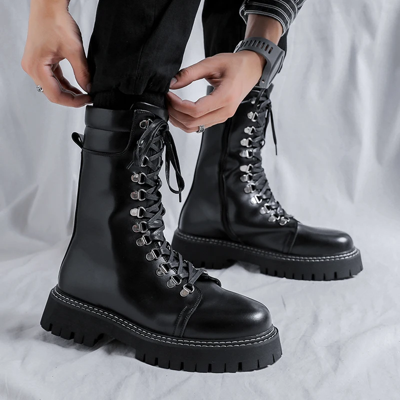 men\'s fashion high top motorcycle boots stage nightclub dress black original leather shoes platform long boot knight botas mans