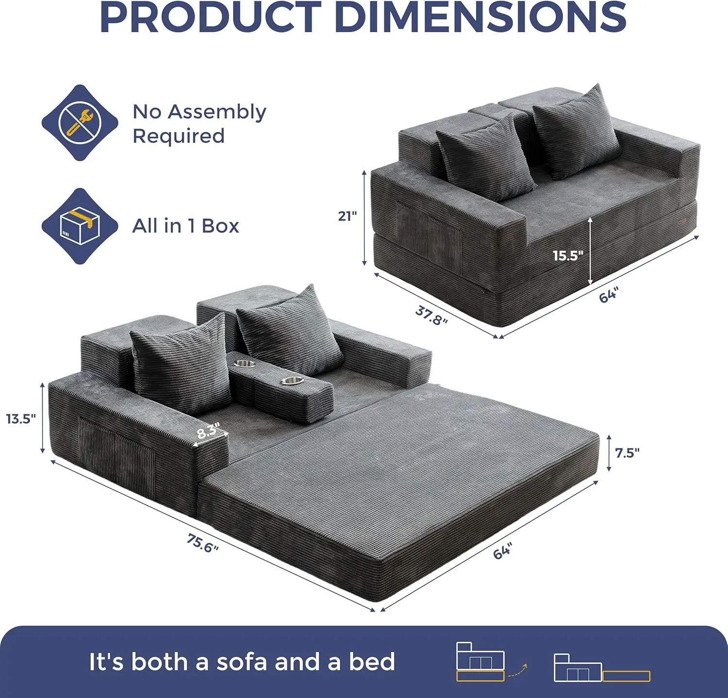 Foldable Sofa Bed with Cup Holders 3