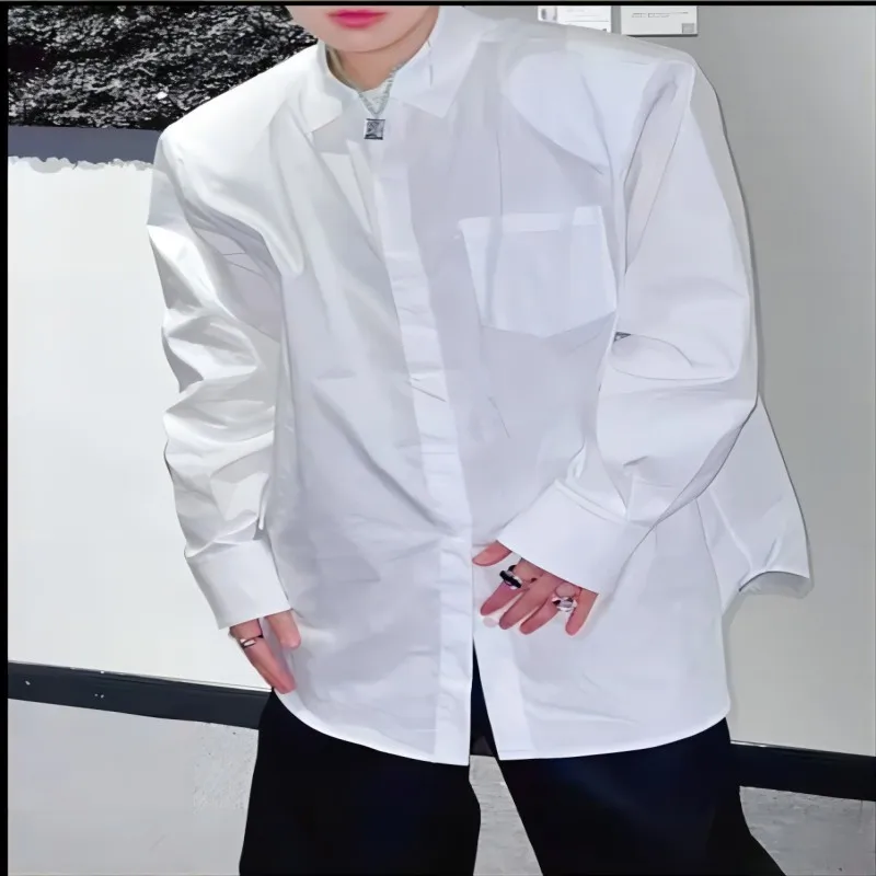 New original style pointed neck men's drape non ironing solid color loose long sleeved casual shirt