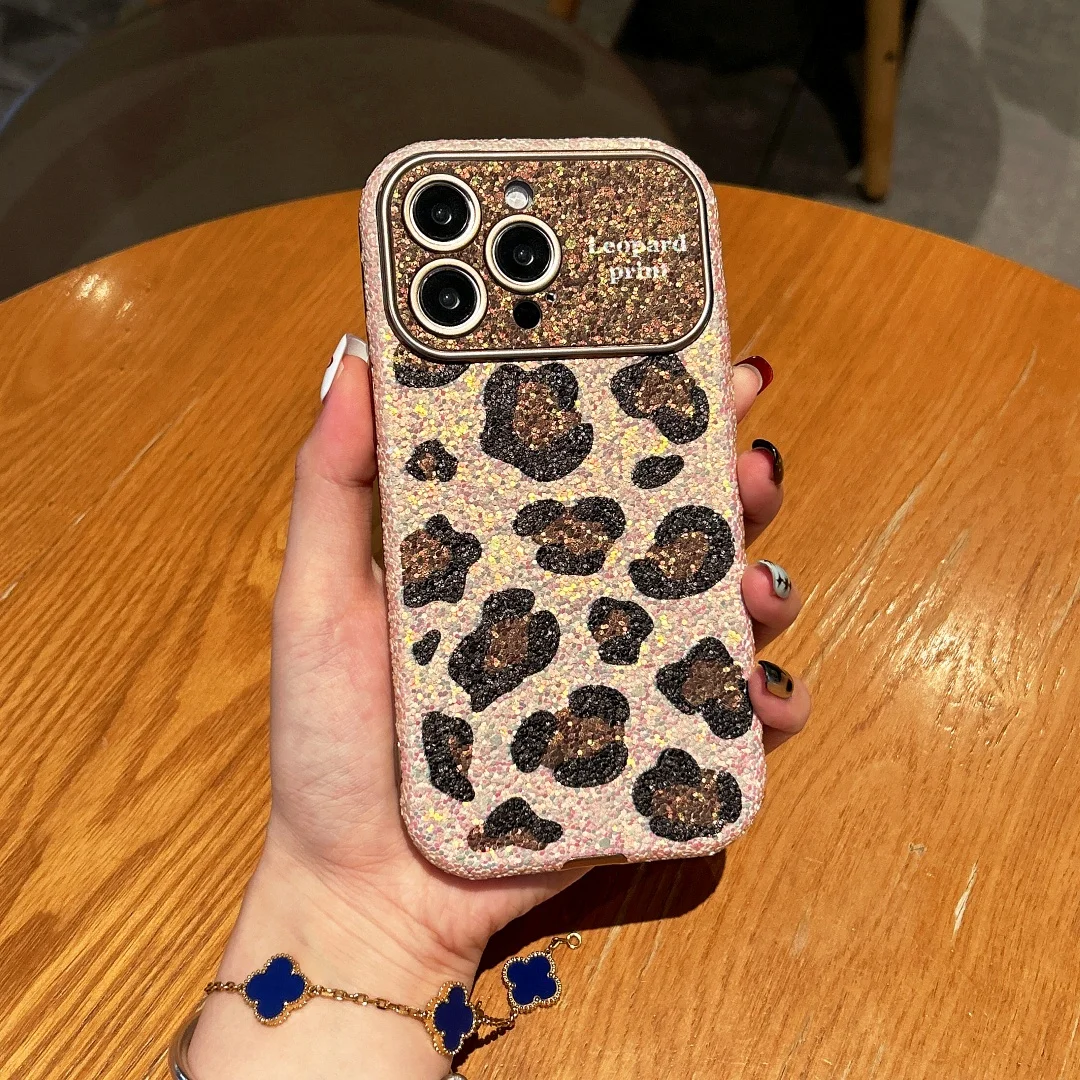 

Vintage Leopard Pattern Bonded Leather Glitter Phone Case For iPhone 17 16 15 14 Pro Max 13 12 16 Plus Shockproof Bumper Cover