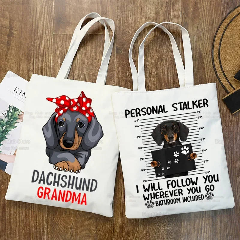 Dachshund Teckel lindo perro bolso de compras reutilizable mujeres bolsas de lona impresión Eco bolsa de dibujos animados Shopper bolsos de hombro