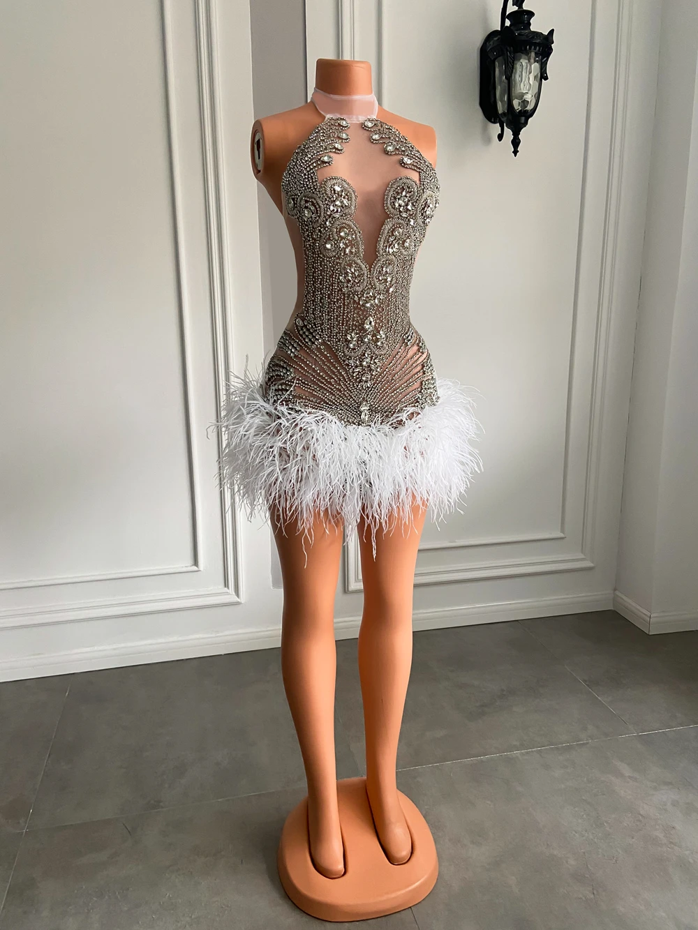 Sparkly Handmade Crystals Women Birthday Party Gowns Sexy See Through White Feather Black Girls Short Mini Prom Dress 2026