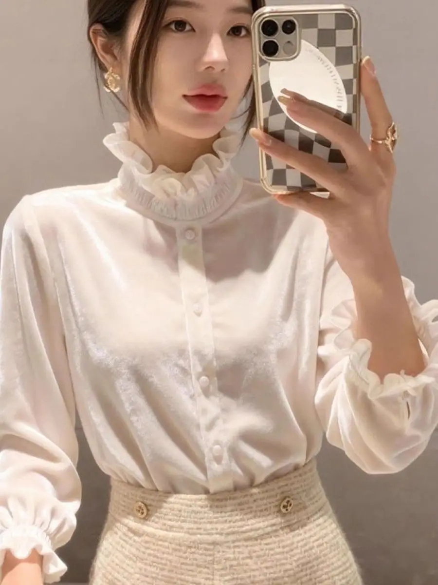 

Ele White Velvet Top Women's Base Layer irt Unique Inner Wear Outer Wear Autumn Winter Faion High End Feel