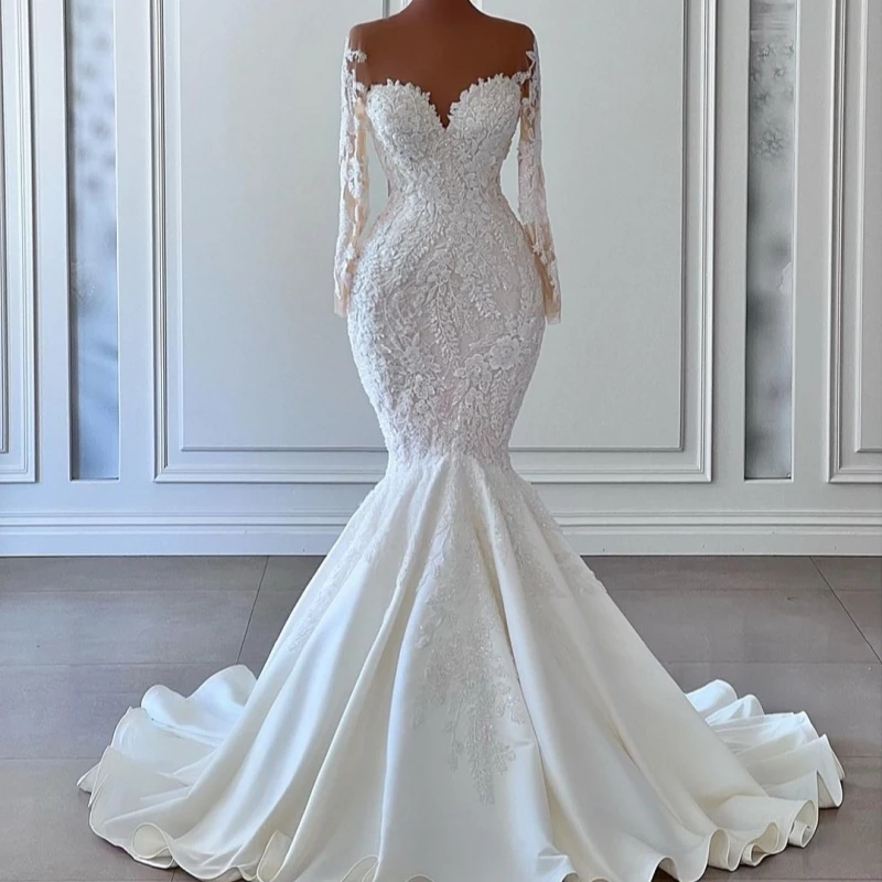 

Luxury White Dubai Arabic Mermaid Wedding Dresses Applique Lace Court Train Wedding Dress Long Sleeves Bridal Gowns vestidos de