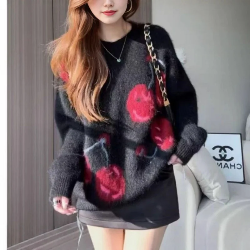 

Cherry Embroidered Loose Knitted Sweater Women's Autumn Winter Vintage Lazy Sle Color Blo Faion Top round Ne Long Sve