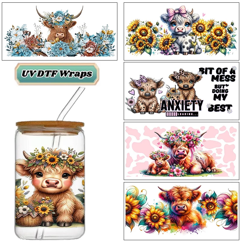 Cute Highland Cow 16oz UV DTF 3D Sticker Decals Wraps Glass Can Cups Creative Craft DIY Gifts Washable Transfer Sticker