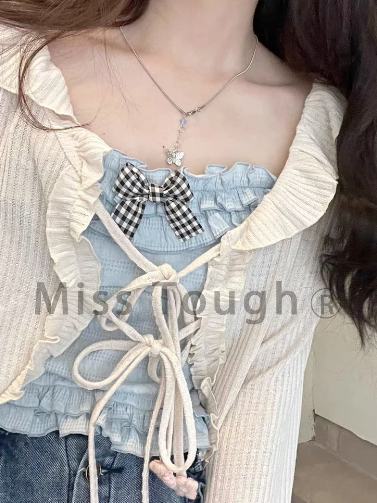 Summer Japanese Kawaii Sweet Cardigan Women Designer Korean Loose Cute Cardigan Female Beach Ruffle Strappy Casual Coat 2022 New