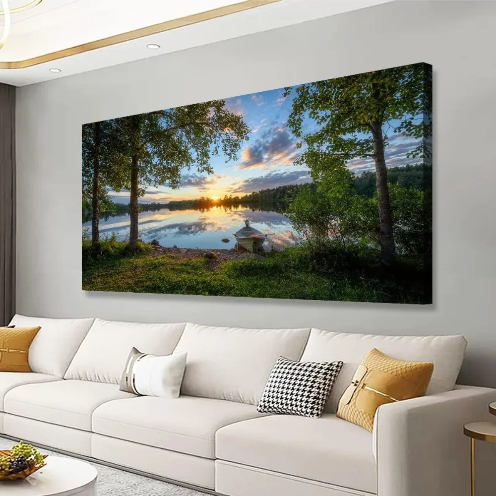 Tree Canvas Wall Art of a Sunrise Over a Forest Lake 28x57 inches Nature Inspired Painting Perfect for Wall Decoration